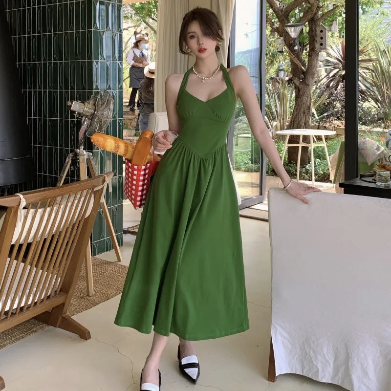 Green Hanging Neck Suspender Dress Women's Summer 2023 New French Retro Dress 405