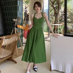 Green Hanging Neck Suspender Dress Women's Summer 2023 New French Retro Dress 405
