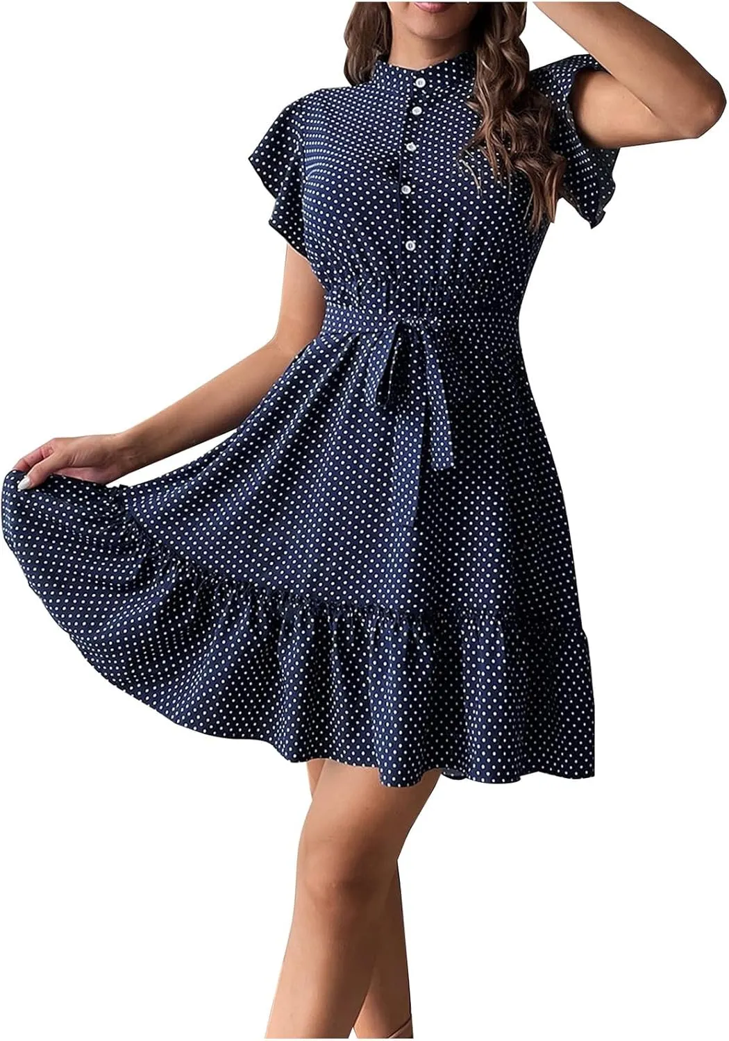 hlysgo Going Out Dresses for Women 2025 Summer Button Down V Neck Short Sleeve Mini Dress Casual A-Line Swing Ruffled Dress
