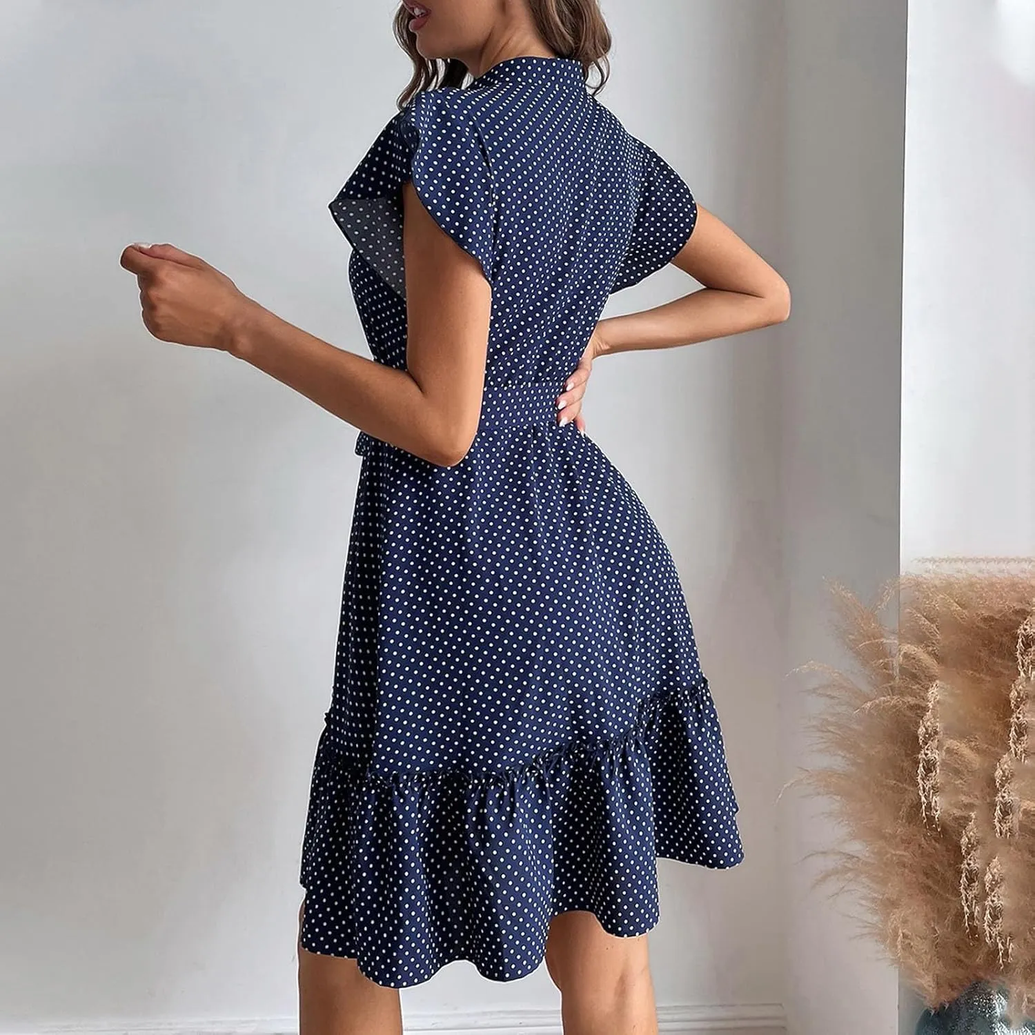 hlysgo Going Out Dresses for Women 2025 Summer Button Down V Neck Short Sleeve Mini Dress Casual A-Line Swing Ruffled Dress
