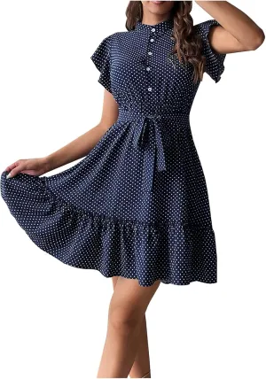 hlysgo Going Out Dresses for Women 2025 Summer Button Down V Neck Short Sleeve Mini Dress Casual A-Line Swing Ruffled Dress