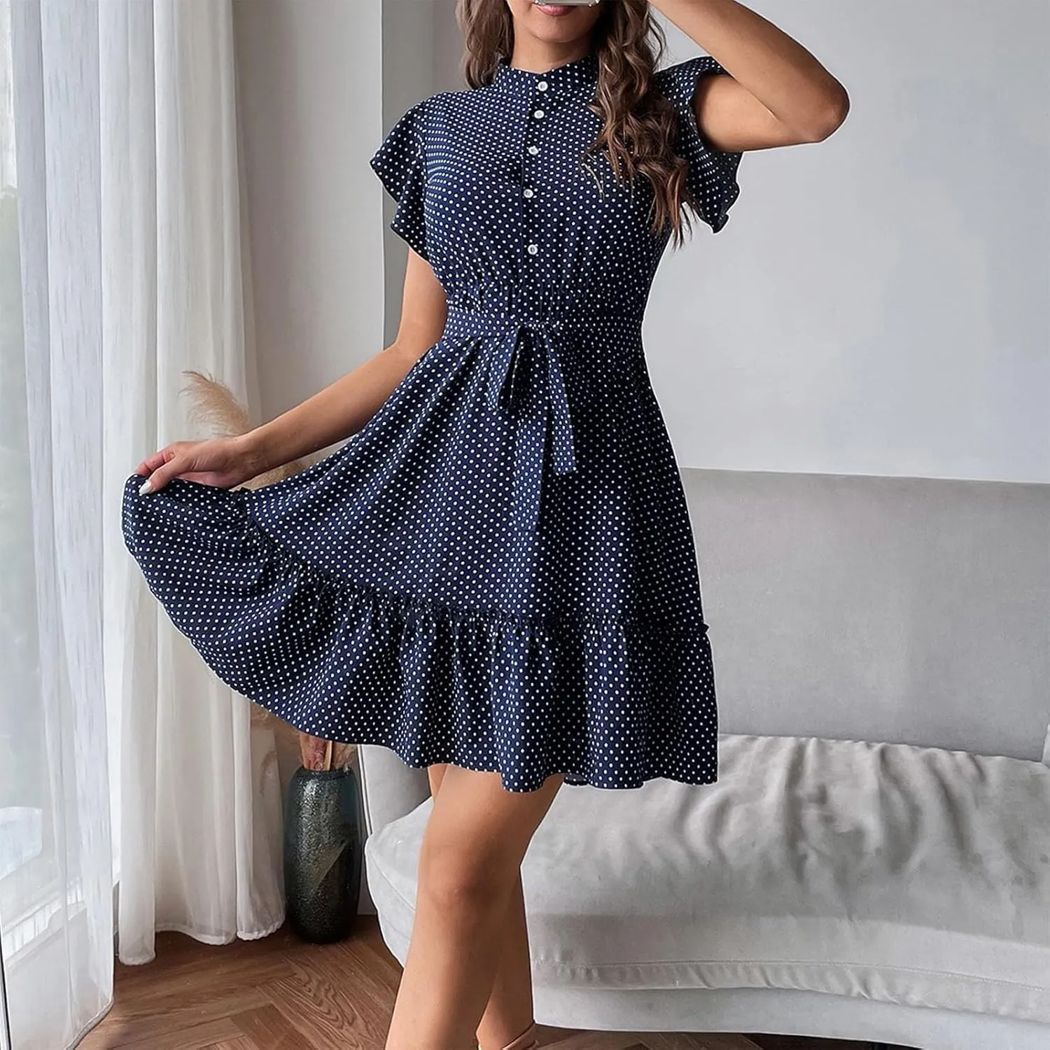 hlysgo Going Out Dresses for Women 2025 Summer Button Down V Neck Short Sleeve Mini Dress Casual A-Line Swing Ruffled Dress