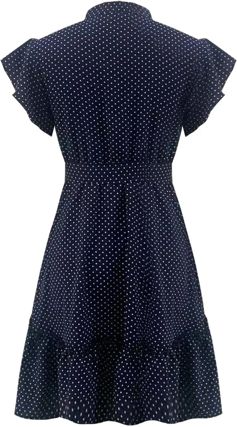 hlysgo Going Out Dresses for Women 2025 Summer Button Down V Neck Short Sleeve Mini Dress Casual A-Line Swing Ruffled Dress