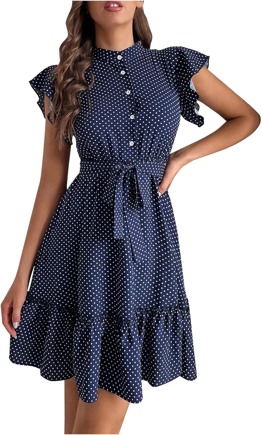 hlysgo Going Out Dresses for Women 2025 Summer Button Down V Neck Short Sleeve Mini Dress Casual A-Line Swing Ruffled Dress