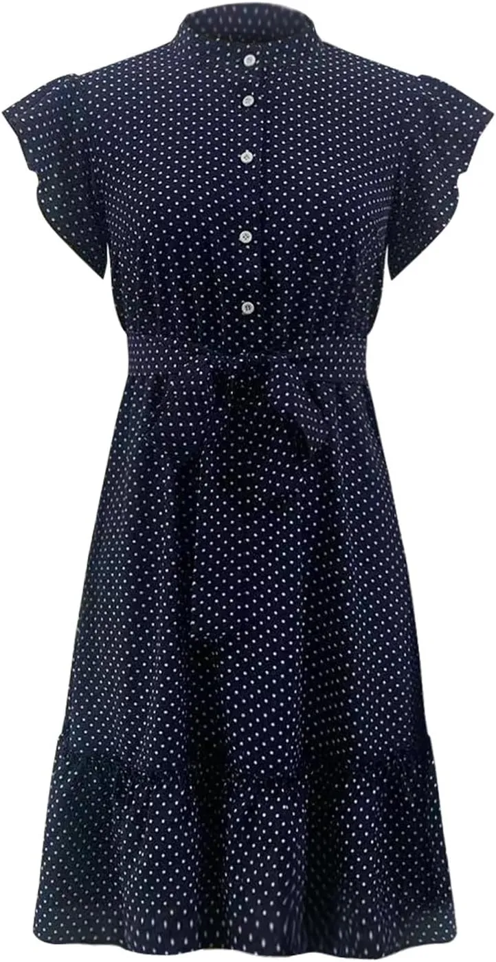 hlysgo Going Out Dresses for Women 2025 Summer Button Down V Neck Short Sleeve Mini Dress Casual A-Line Swing Ruffled Dress