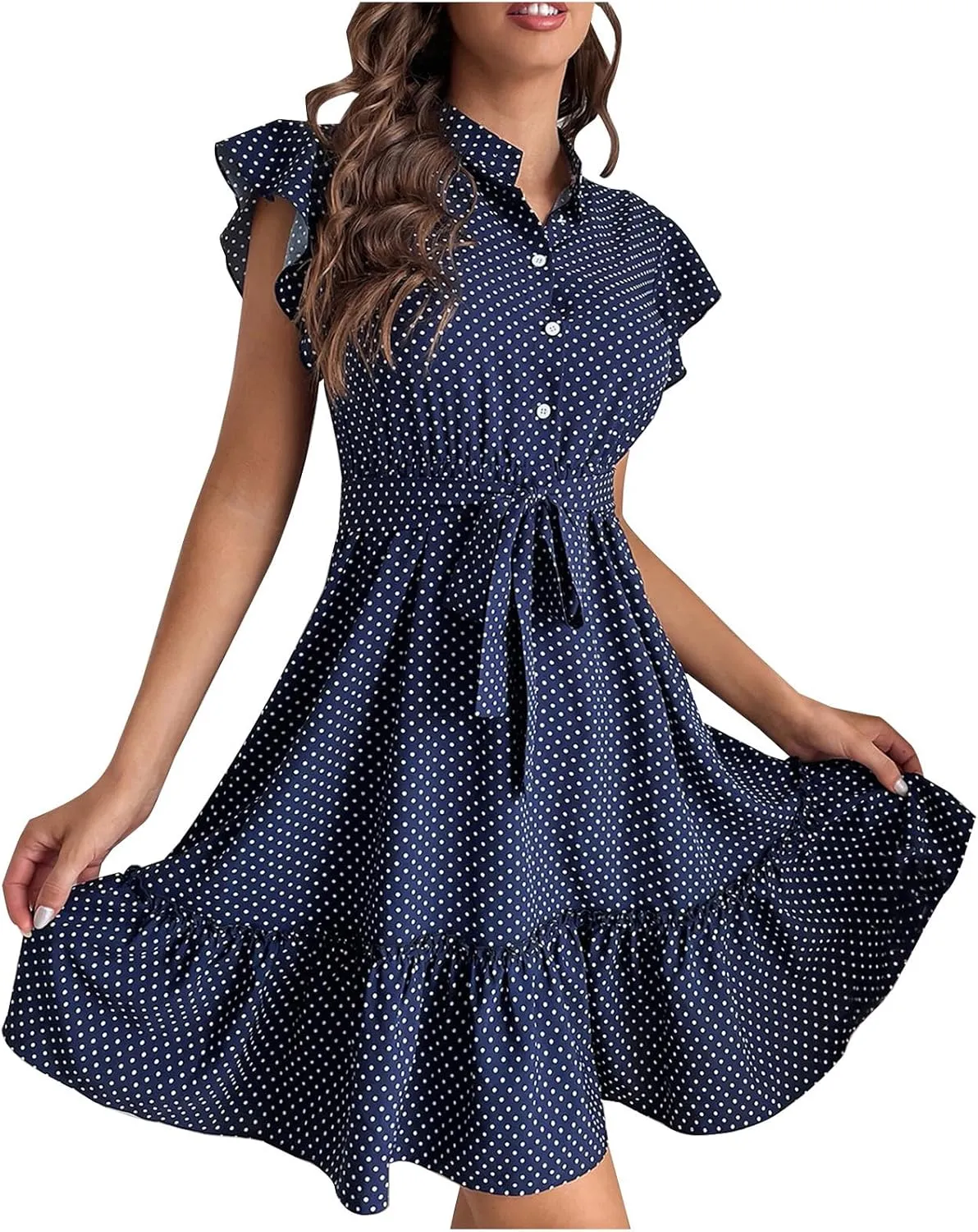hlysgo Going Out Dresses for Women 2025 Summer Button Down V Neck Short Sleeve Mini Dress Casual A-Line Swing Ruffled Dress
