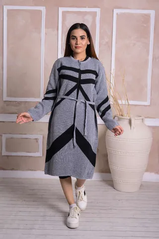 Imported Front Open Cool Gray Cozy Belted Cardigan Sweater - (CGN26)