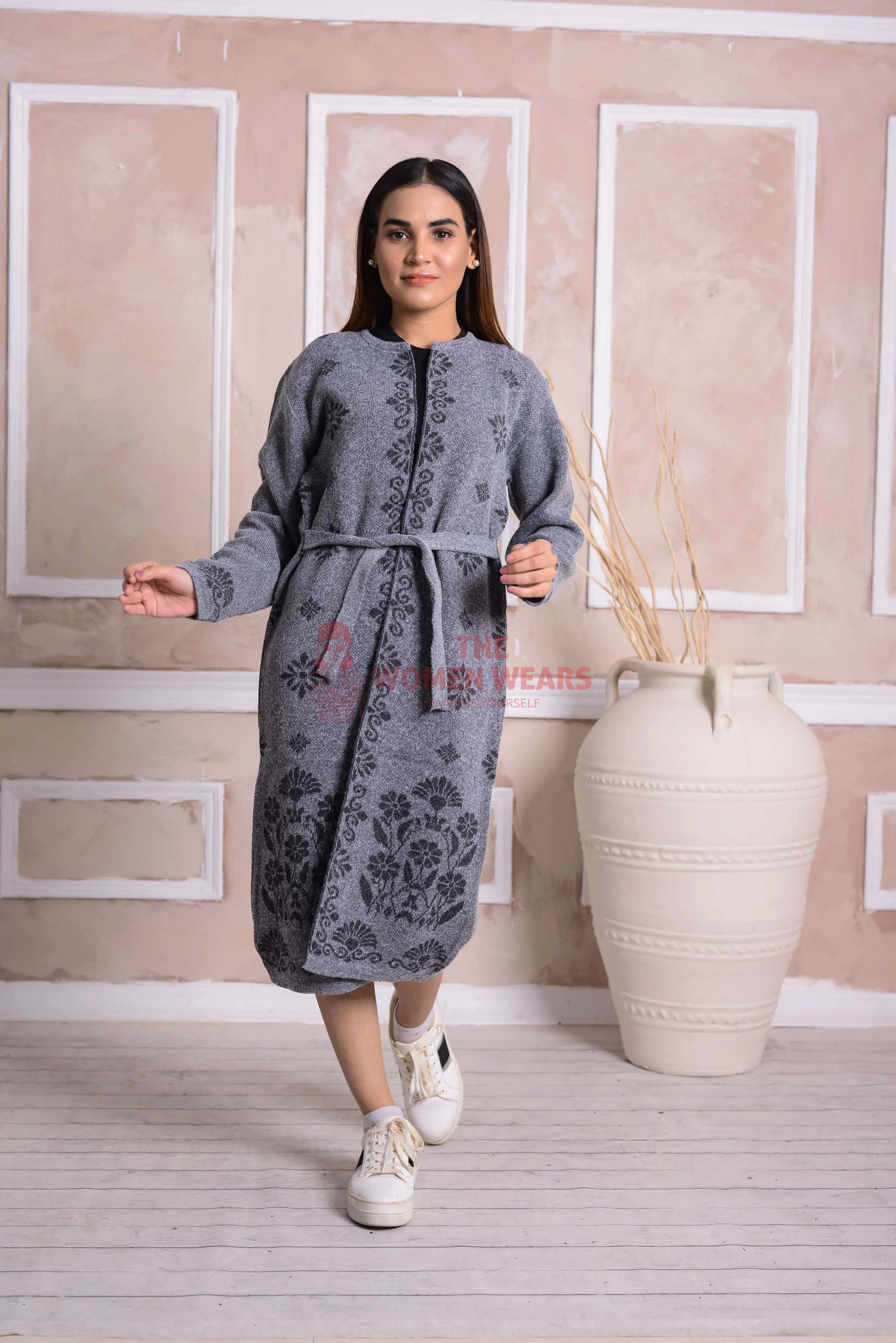Imported Front Open Cool Grey Cozy Belted Cardigan Sweater - (CGN06)