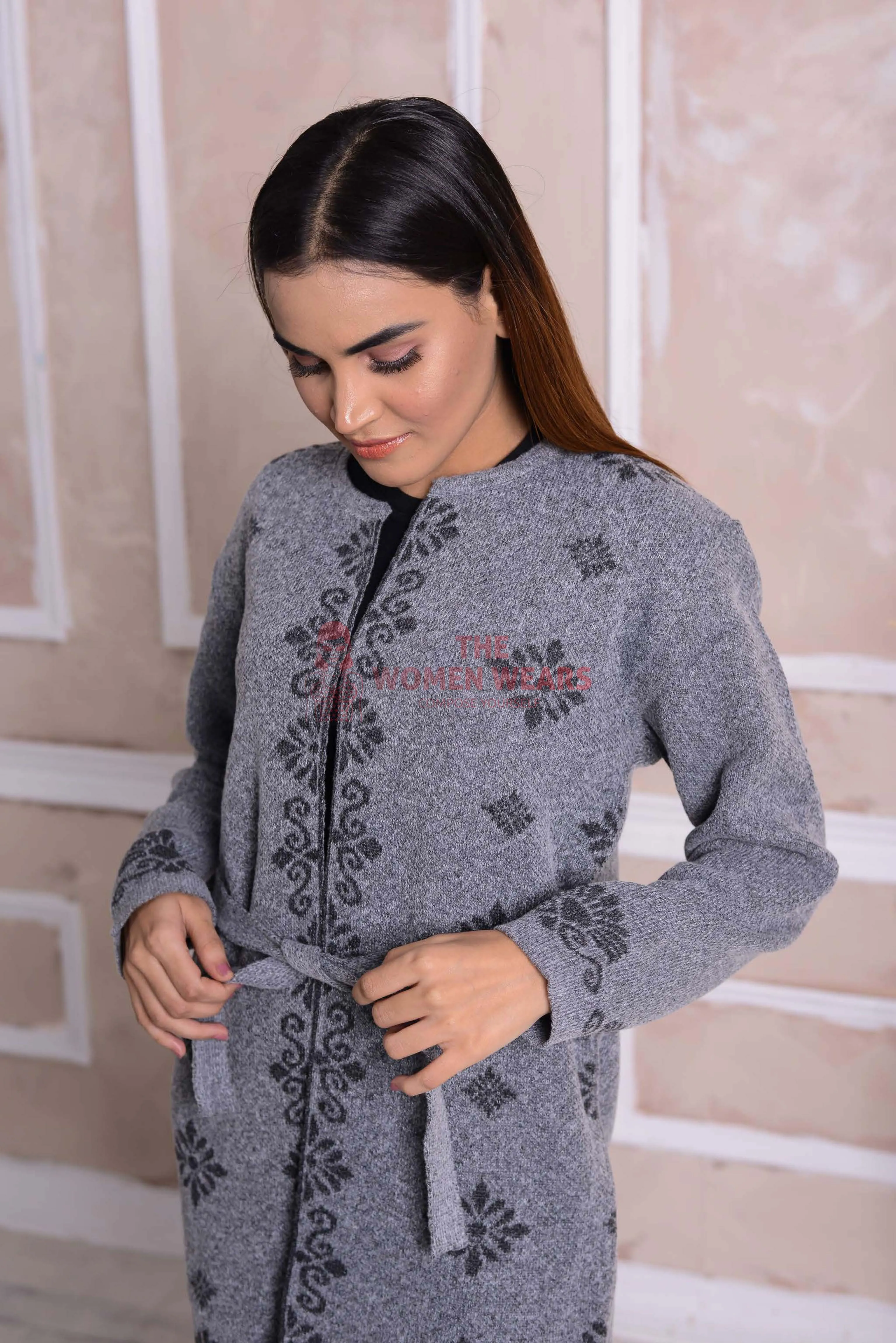 Imported Front Open Cool Grey Cozy Belted Cardigan Sweater - (CGN06)