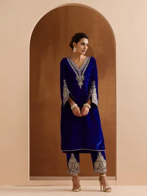 Ishin WOMEN Blue VELVET 2pcs kurta set