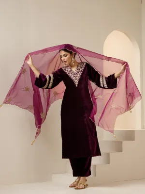 Ishin WOMEN Plum VELVET ORGANZA DUP 3pcs kurta set