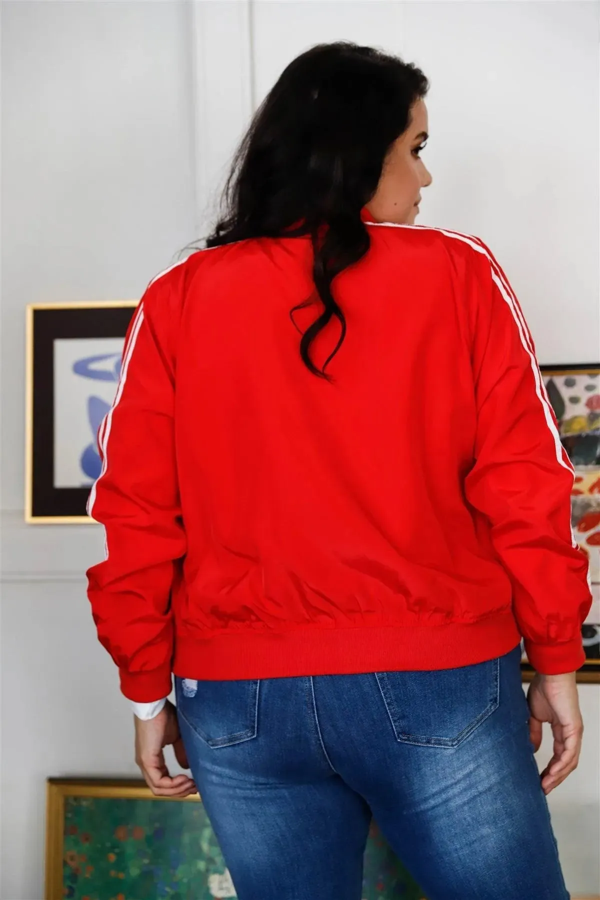 Junior Plus Size Red & White Retro Le Mans Stripe Trim Sporty Windbreaker Bomber Jacket /1-1-1