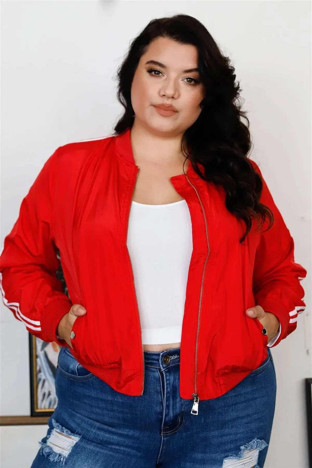 Junior Plus Size Red & White Retro Le Mans Stripe Trim Sporty Windbreaker Bomber Jacket /1-1-1