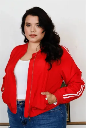Junior Plus Size Red & White Retro Le Mans Stripe Trim Sporty Windbreaker Bomber Jacket /1-1-1