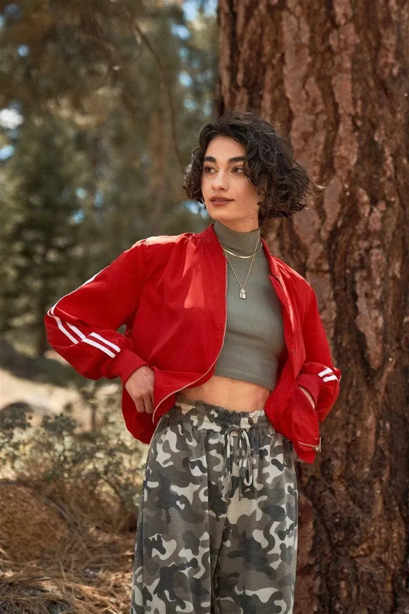 Junior Plus Size Red & White Retro Le Mans Stripe Trim Sporty Windbreaker Bomber Jacket /1-1-1