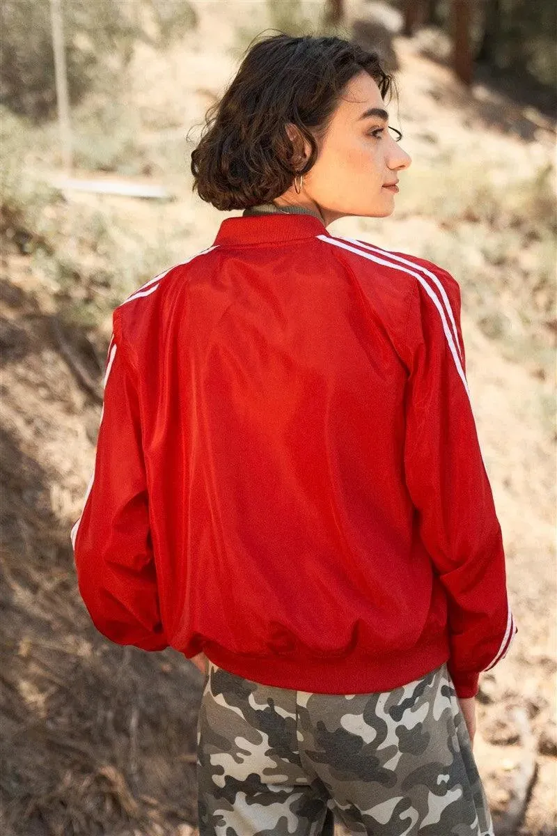 Junior Plus Size Red & White Retro Le Mans Stripe Trim Sporty Windbreaker Bomber Jacket /1-1-1