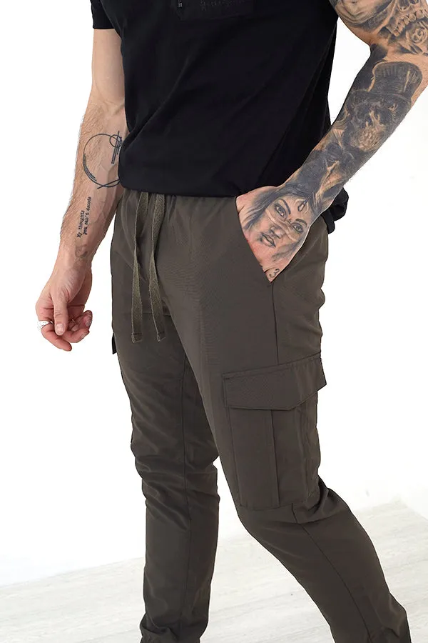 KHAKI TASLAN CARGO POCKET ELASTICATED TROUSERS