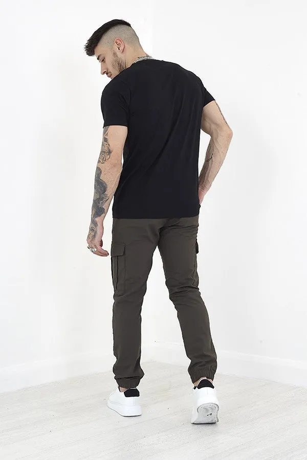 KHAKI TASLAN CARGO POCKET ELASTICATED TROUSERS