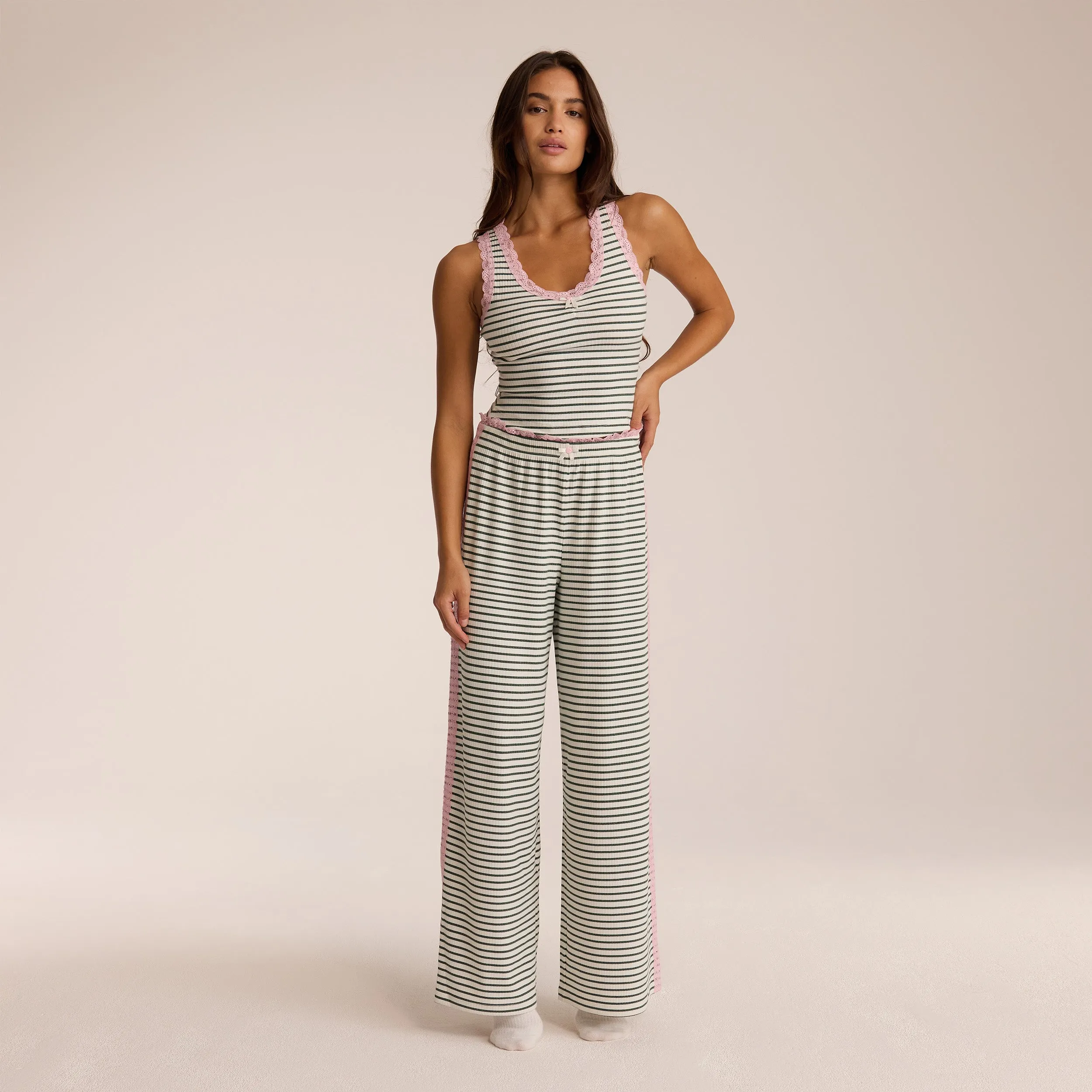 Lace Pyjama Bottoms - Green Stripe