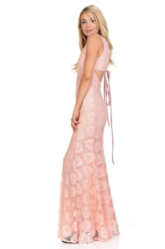 Light Pink Scalloped Sheer Rose Lace Bridesmaids Formal Dress