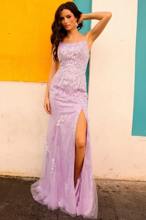 Lilac Straight Neckline Skinny Straps Glitter/Sequin She