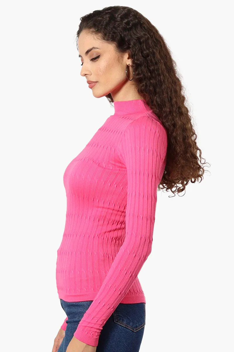 Magazine Ribbed Mock Neck Long Sleeve Top - Pink