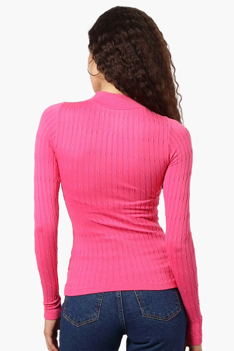Magazine Ribbed Mock Neck Long Sleeve Top - Pink