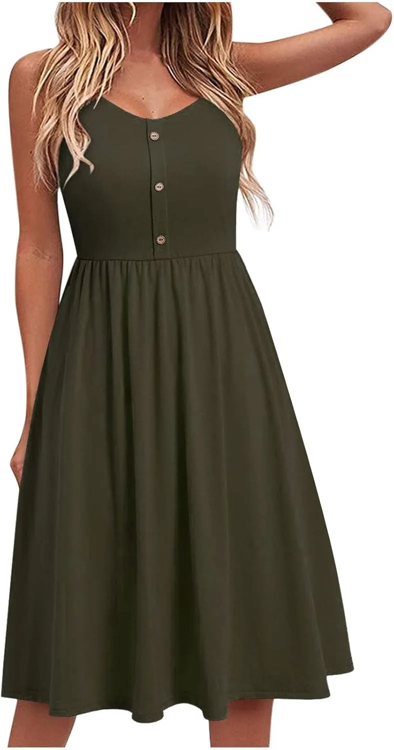 NaRHbrg Sleeveless V Neck Summer Dress for Women Casual Loose Fit Sundress A-Line Empire Waist Midi Dresses for Vacation