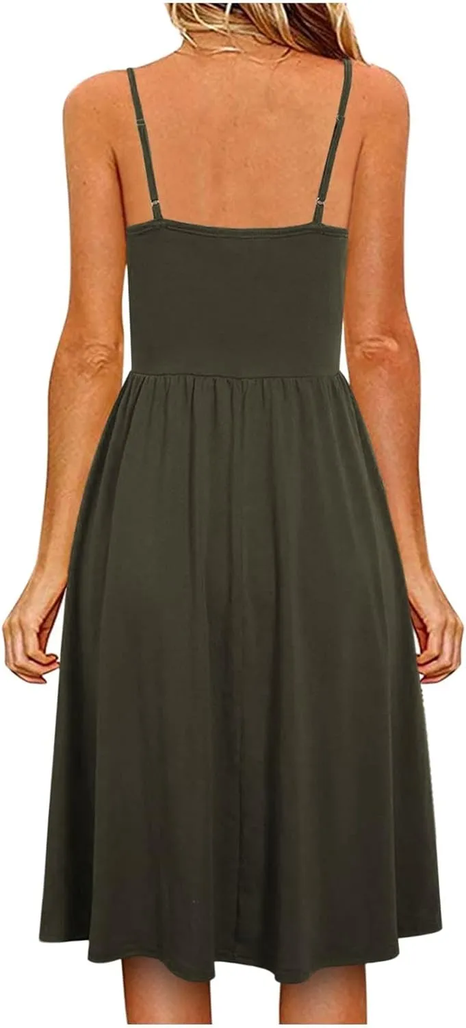 NaRHbrg Sleeveless V Neck Summer Dress for Women Casual Loose Fit Sundress A-Line Empire Waist Midi Dresses for Vacation