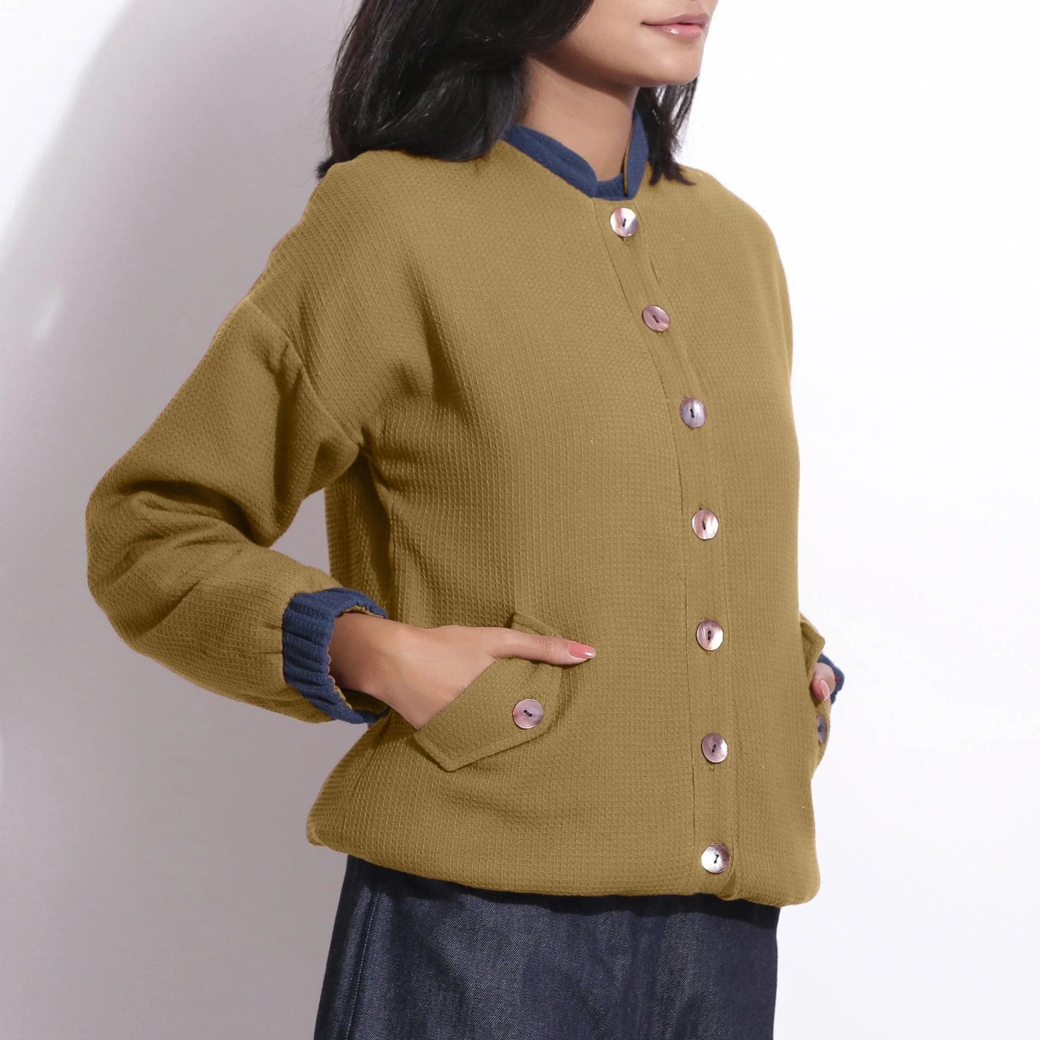 Reversible Green Warm Cotton Waffle Bomber Jacket