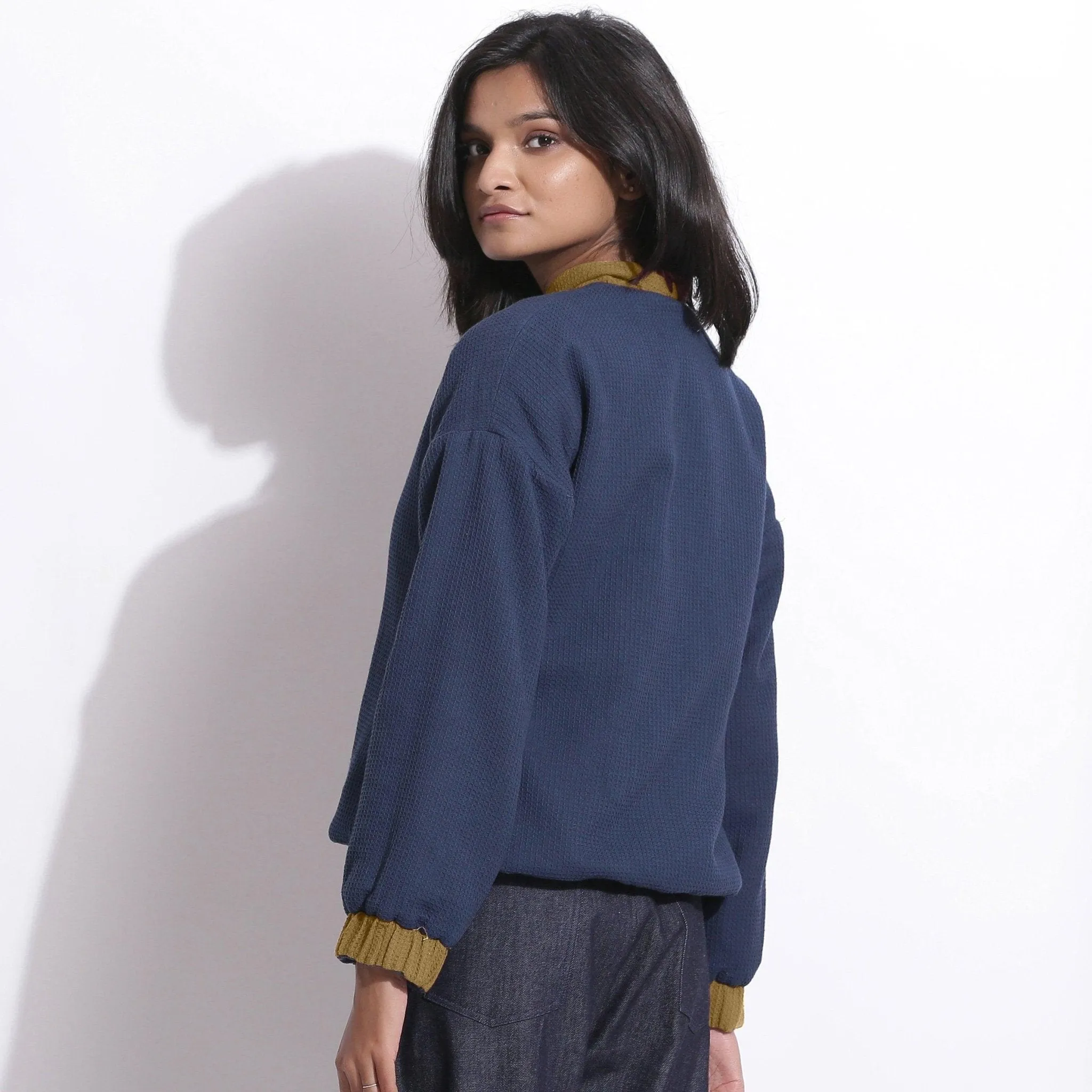 Reversible Green Warm Cotton Waffle Bomber Jacket