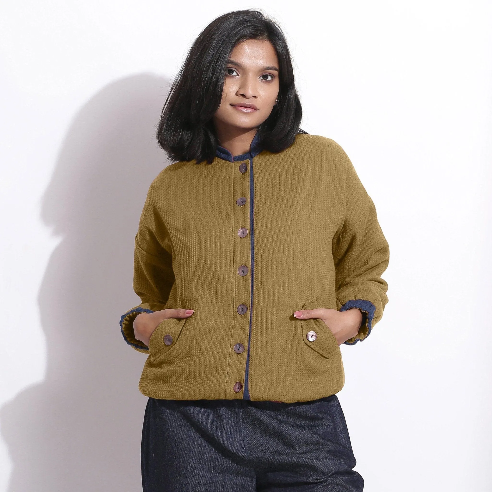 Reversible Green Warm Cotton Waffle Bomber Jacket