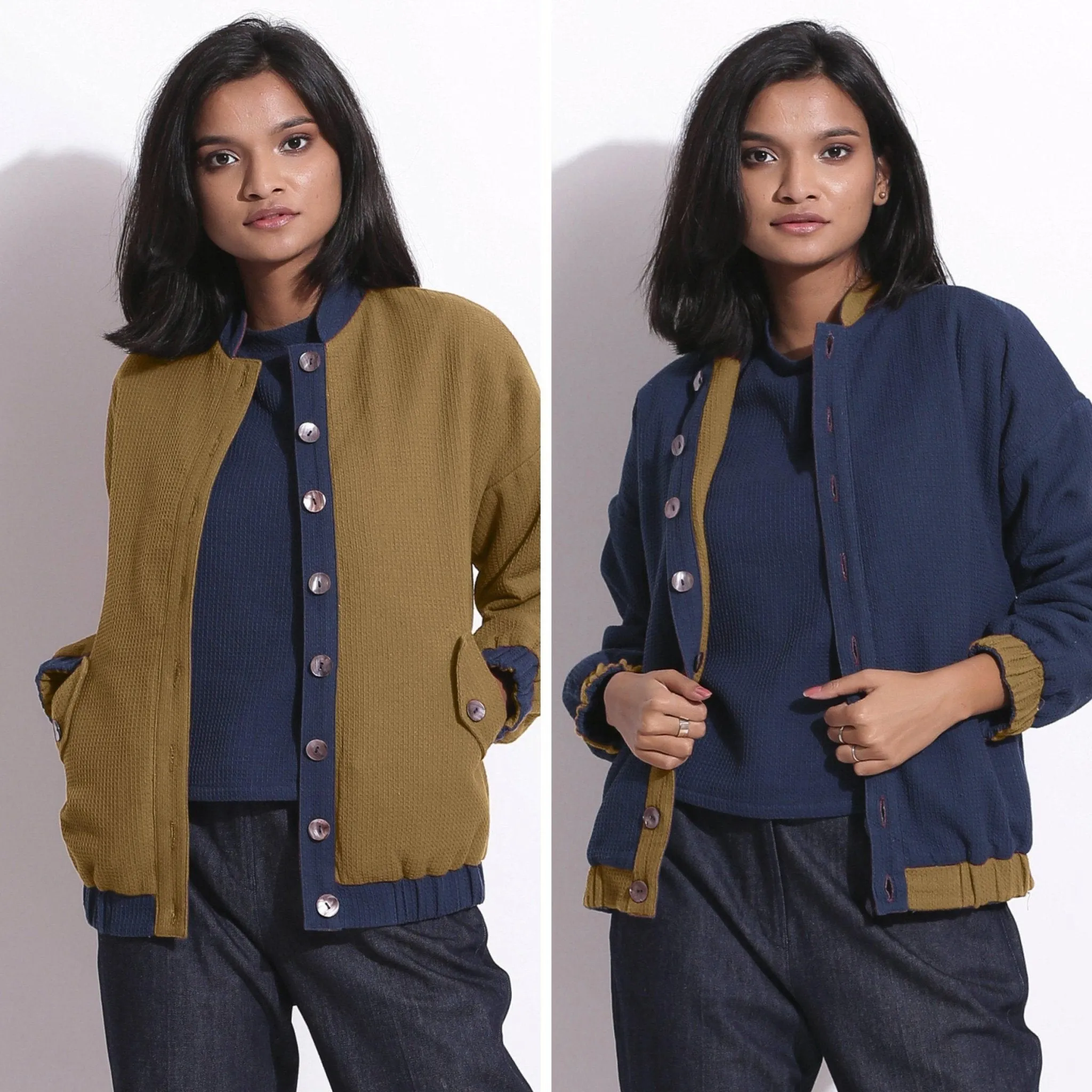 Reversible Green Warm Cotton Waffle Bomber Jacket