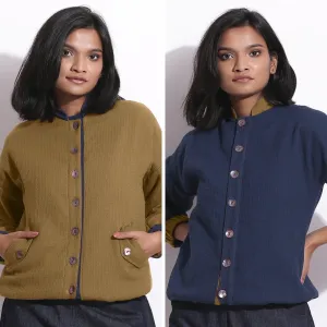 Reversible Green Warm Cotton Waffle Bomber Jacket