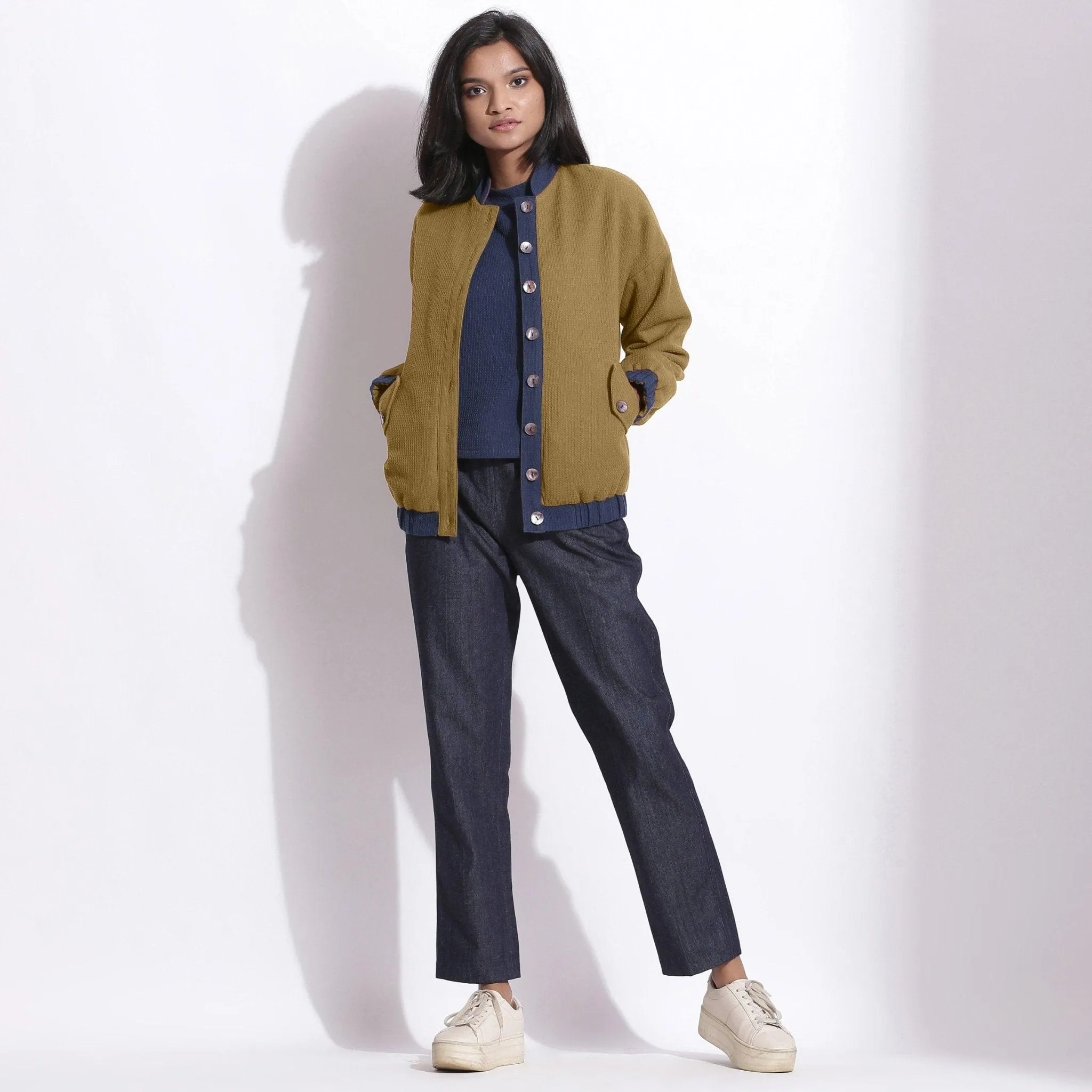 Reversible Green Warm Cotton Waffle Bomber Jacket