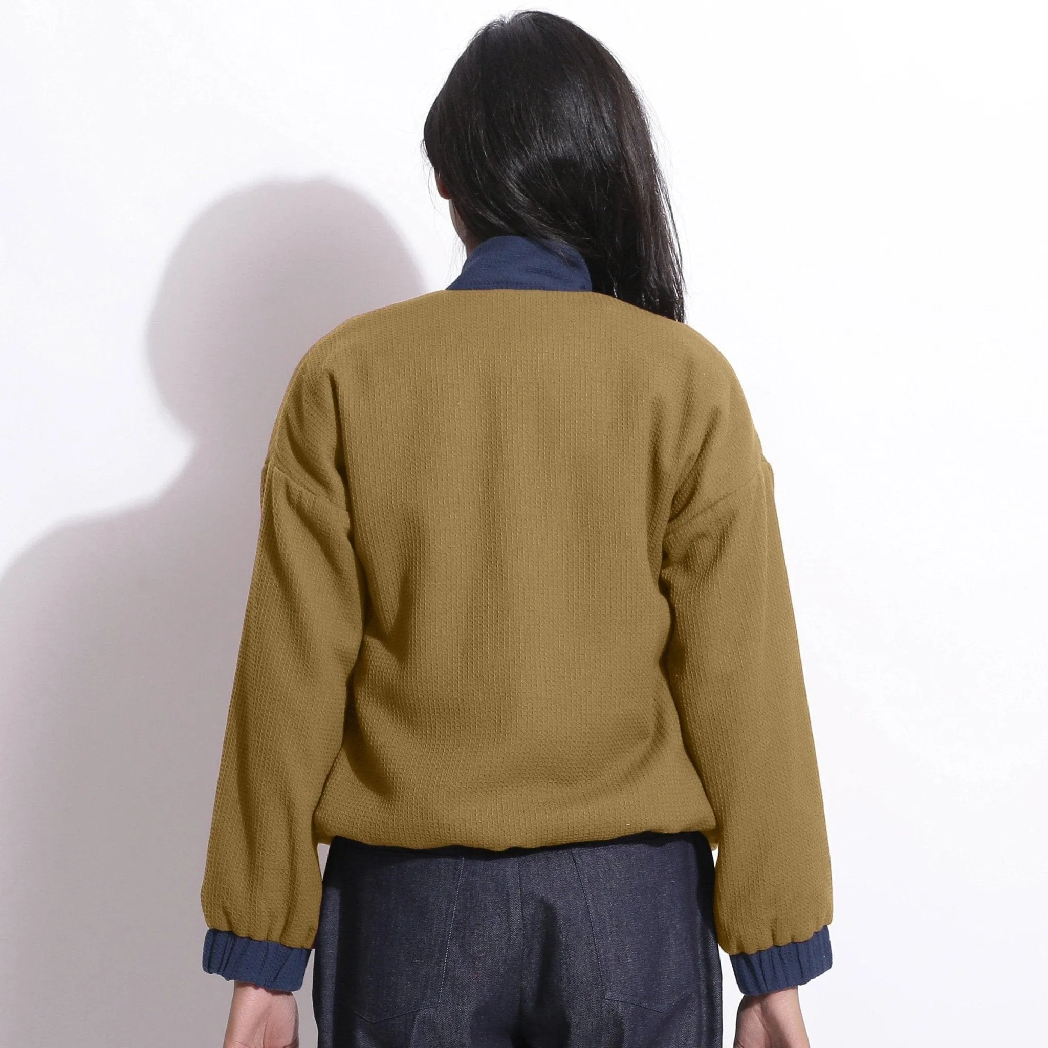 Reversible Green Warm Cotton Waffle Bomber Jacket