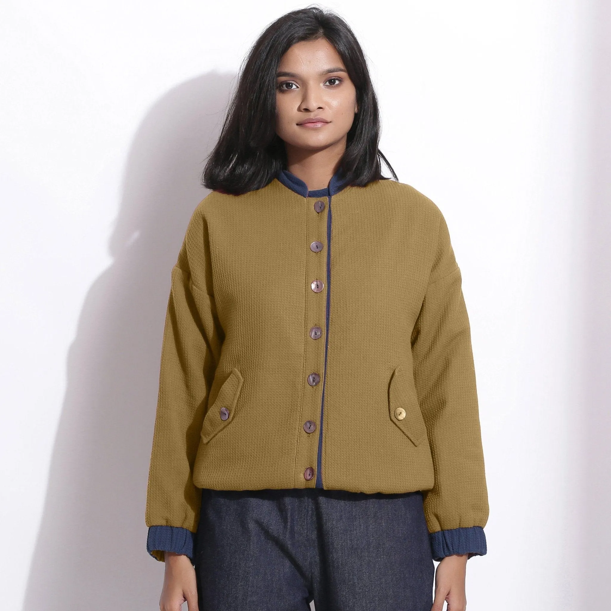 Reversible Green Warm Cotton Waffle Bomber Jacket