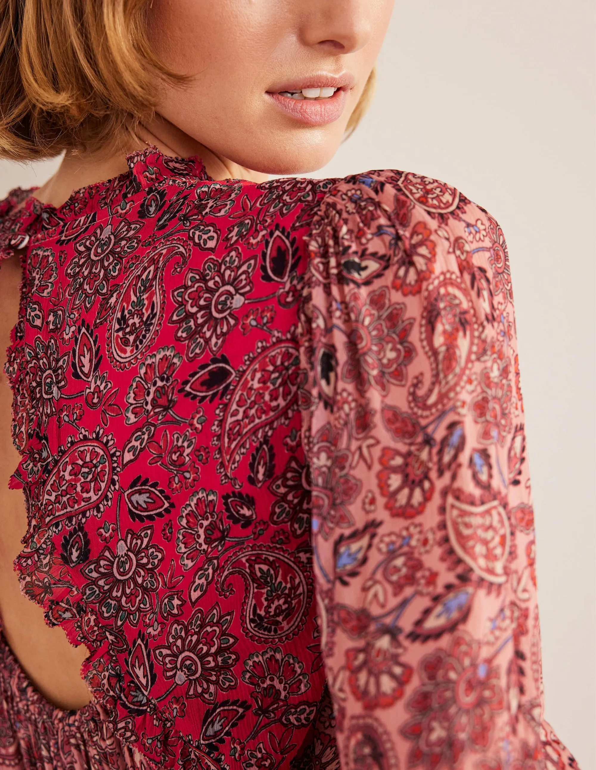 Ruffle Detail Swing Top-Chalky Pink, Paisley