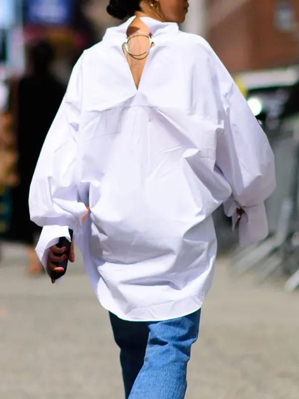 Solid Color Long Sleeves Loose Stand Collar Blouses&Shirts Tops