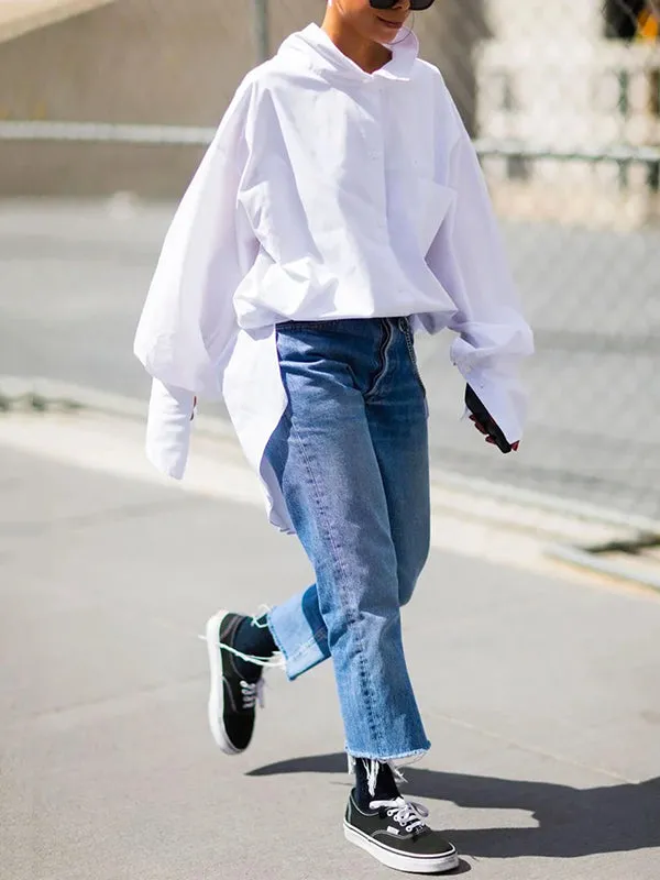 Solid Color Long Sleeves Loose Stand Collar Blouses&Shirts Tops