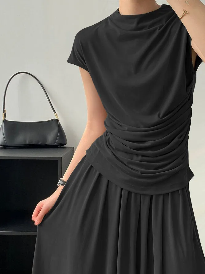 Solid Color Short Sleeves Mock Neck T-Shirts Tops