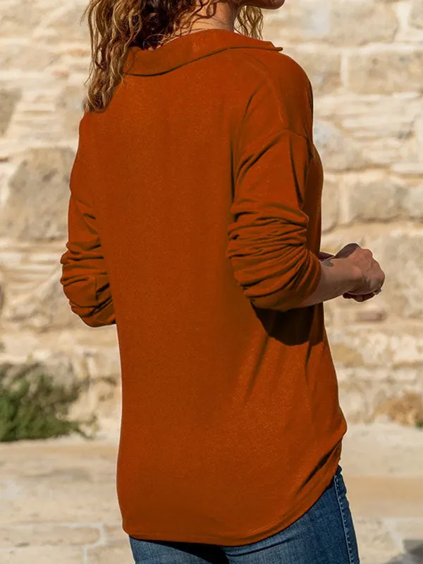 Solid Color Split-Joint Long Sleeves Loose Lapel T-Shirts Tops