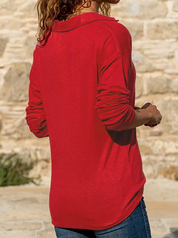 Solid Color Split-Joint Long Sleeves Loose Lapel T-Shirts Tops