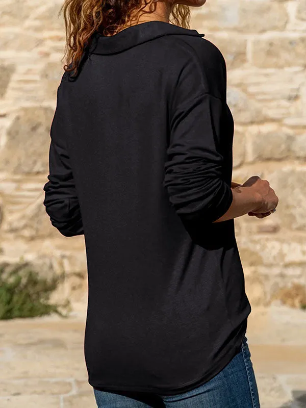 Solid Color Split-Joint Long Sleeves Loose Lapel T-Shirts Tops