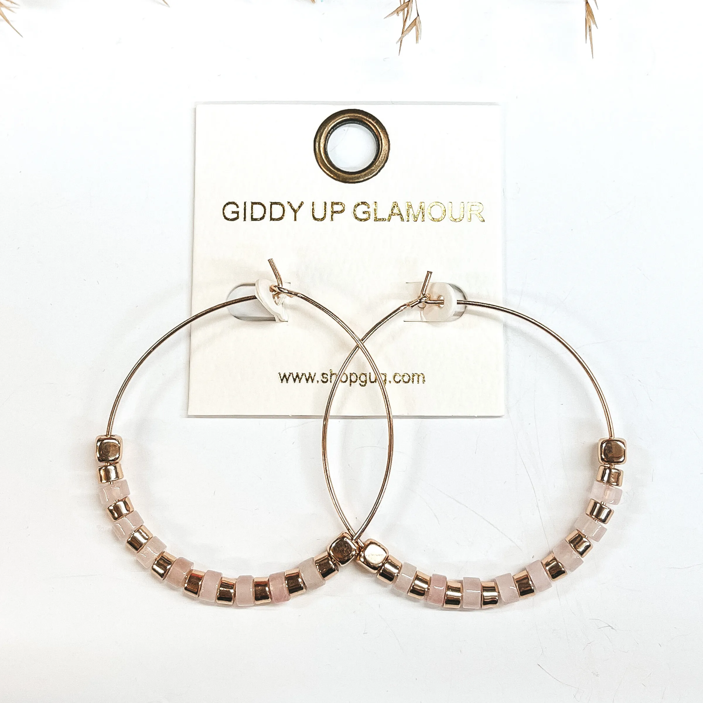 Summer Memories Beaded Gold Hoops in Pale Pink