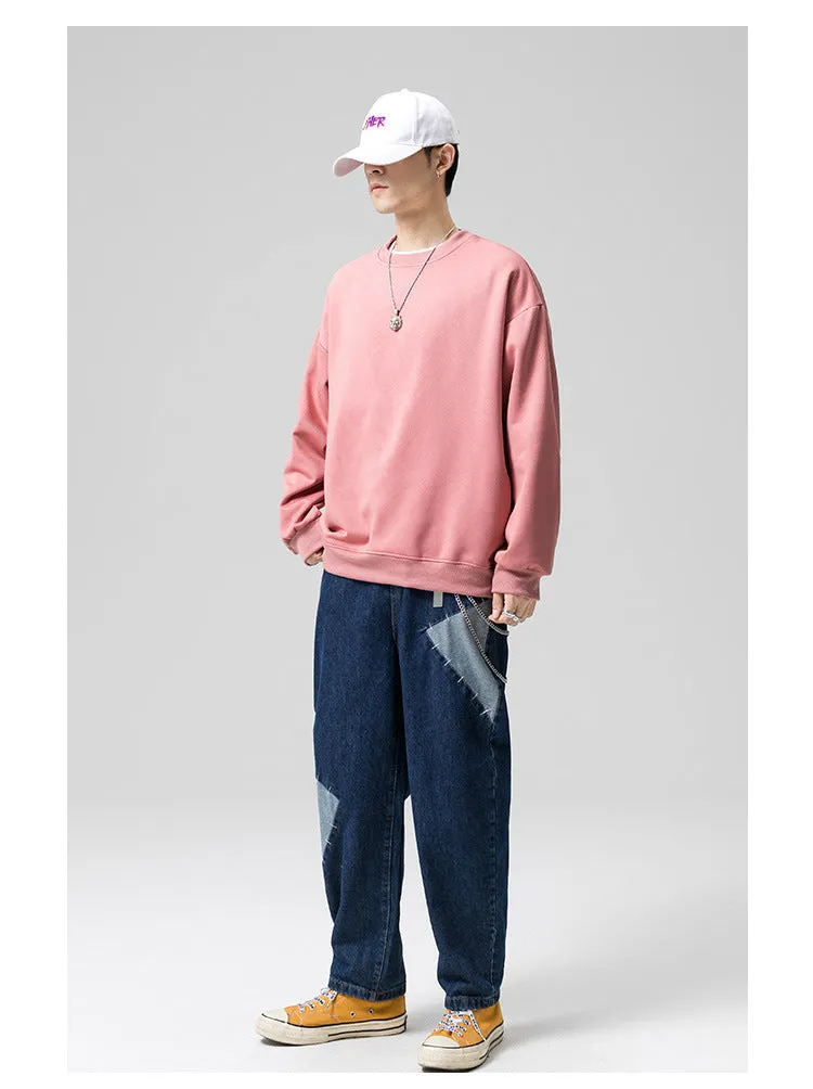 Sweatshirt Round-Neck Long Sleeved Sporty Solid Colored Trendy Loose Student Outerwear