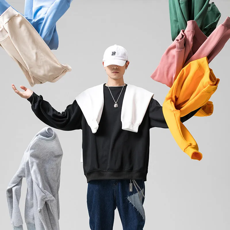 Sweatshirt Round-Neck Long Sleeved Sporty Solid Colored Trendy Loose Student Outerwear