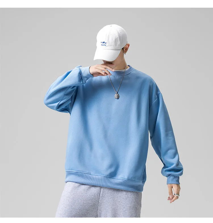 Sweatshirt Round-Neck Long Sleeved Sporty Solid Colored Trendy Loose Student Outerwear