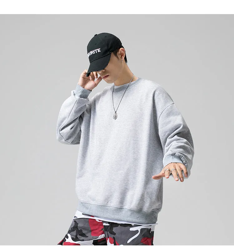 Sweatshirt Round-Neck Long Sleeved Sporty Solid Colored Trendy Loose Student Outerwear