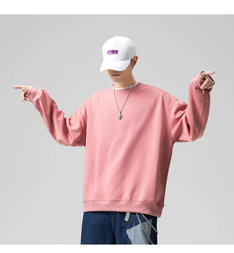 Sweatshirt Round-Neck Long Sleeved Sporty Solid Colored Trendy Loose Student Outerwear
